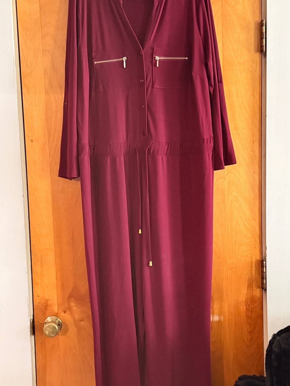 Women's Burgundy Long Sleeve Drawstring jumpsuit
